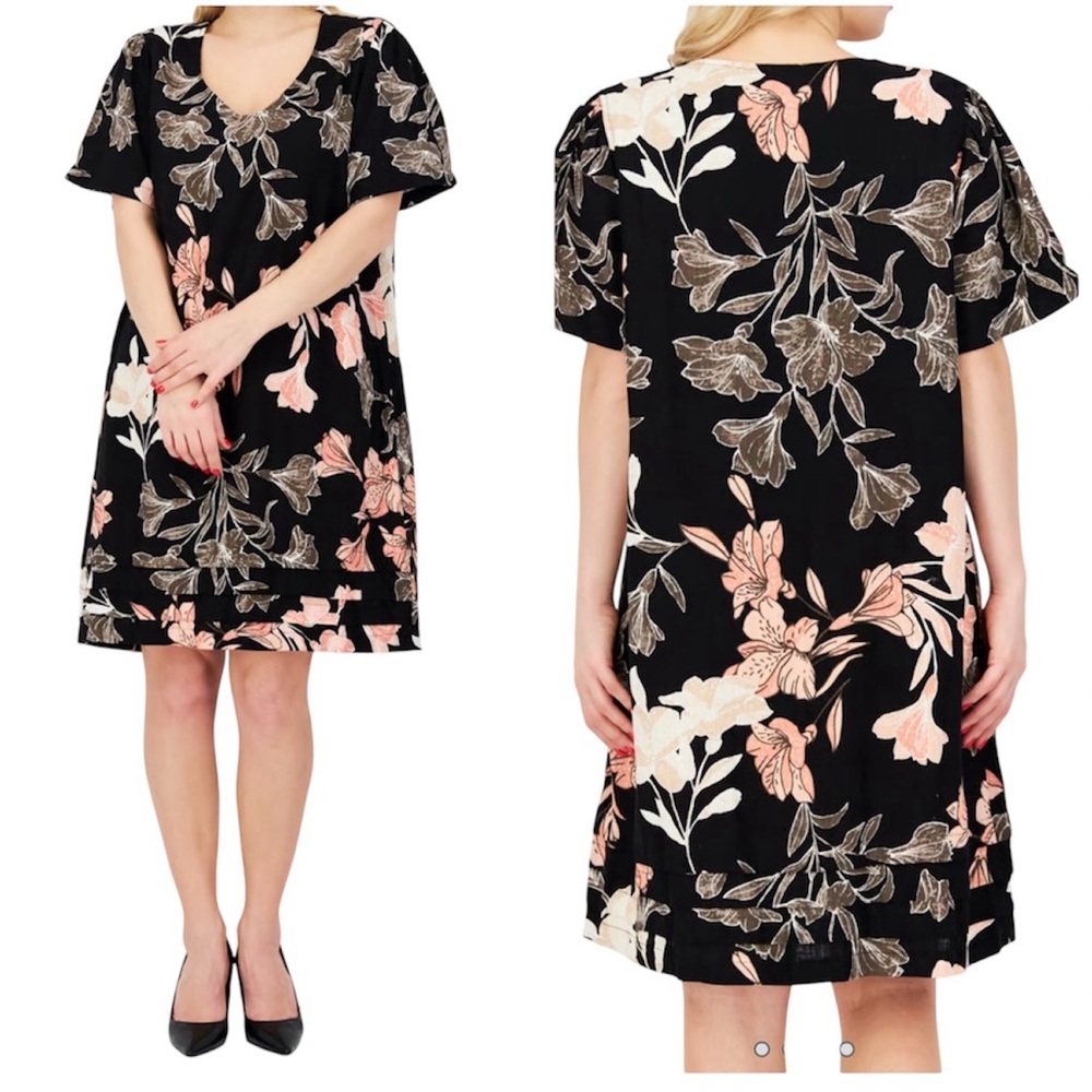Nicole‎ Miller Original Linen Blend Floral Pink Black Shift Mini Dress Sz Small